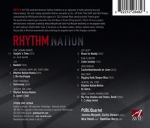 Der Text beschreibt das Album "RHYTHM NATION" mit Tracks von diversen Künstlern, unterstützt von PUBLIQuartet. Rechts das AVIE-Logo.