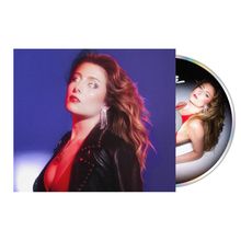 Eine Frau mit roten Lippen trägt eine Lederjacke, daneben ist eine CD mit ihrem Bild.