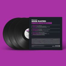 „HOUSE MASTERS PURPLE DISCO MACHINE“ steht oben. Drei Schallplatten liegen neben einem Cover auf einem lila Hintergrund.