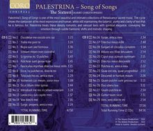 CORO COR16223  
PALESTRINA – Song of Songs  
The Sixteen | HARRY CHRISTOPHERS  
Zwei CD-Tracks mit Laufzeiten und Titeln aufgelistet.  
Gesamtlaufzeit: 84:56