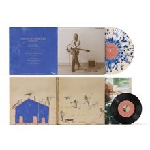 Texte: "Hiss Golden Messenger," "Devil’s in the Details," "Nu-Grape." Illustrationen von Vögeln und ein blaues Haus, zwei Schallplatten.