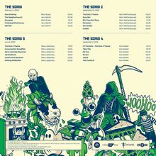 Texte: THE SIMS 1-4, mit Titeln und Komponisten, Daten von 2000-2014. Illustration mit Sensenmann und Comic-Figuren.