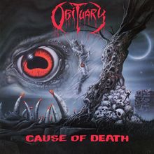 Text: "Obituary" oben, "Cause of Death" unten. Illustration: Großes Auge, verdorrter Baum, Totenschädel, düstere Atmosphäre.