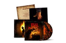 „EVIL DEAD BURN“ in rot und große Vinyl-Schallplatte. Eine blutige Hand greift nach unten.