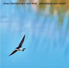 Text: "ONLY FROZEN SKY ANYWAY JONATHAN RICHMAN". Ein Vogel fliegt über einen verschwommenen blauen Hintergrund.