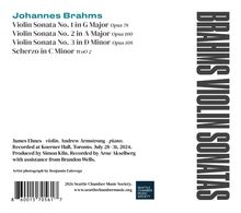 Text über Johannes Brahms' Violinsonaten. Auf der rechten Seite steht vertikal "Brahms Violin Sonatas". Unten: Musiker und Produktionsdetails.