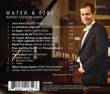 Titel: „WATER & FIRE“ von RUPERT EGERTON-SMITH. Auflistung: 12 Musikstücke von Komponisten wie Ravel, Debussy und Stravinsky.