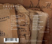 "Encores for Mr. Scotts" – Titelliste von Musikstücken, Gesamtspielzeit 62:43. Hintergrund: Alte, gekritzelte Notizblätter.