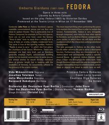 Der Text beschreibt die Oper "Fedora" von Umberto Giordano in drei Akten, mit Libretto von Arturo Colautti.