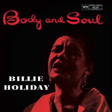 "Body and Soul" und "Billie Holiday". Eine Frau, ihr Gesicht teilweise im Schatten. Jazz-Album-Stil.
