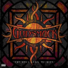 Text: "GODSMACK" und "THE HOLY GRAIL OF HITS". Illustration eines stilisierten Sonnensymbols in warmen Farben.