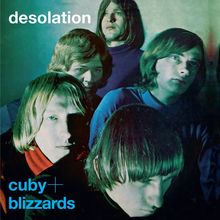 „Desolation“ und „cuby + blizzards“ in weiß und blau. Fünf nachdenkliche Männer in grün-blauem Licht. Albumcover-Stil.