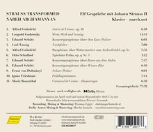Elf Gespräche mit Johann Strauss II. Titel und Künstler: "Strauss Transformed" von Nareh Arghamanyan. 11 Musikstücken von verschiedenen Komponisten mit Gesamtspielzeit 77:39 Minuten. Oben links: Hänssler Classic Logo.