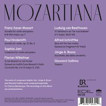 Text auf lila Hintergrund: "MOZARTIANA", mit Komponisten und Werken aufgelistet. Logos unten rechts.