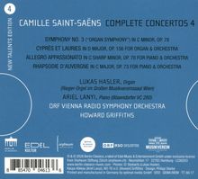 "Camille Saint-Saëns Complete Concertos 4", enthält die Titel und Künstler der Musikstücke; blaues Design mit Logos.
