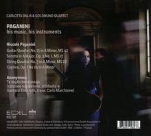 Text: Carlotta Dalia & Goldmund Quartet, Paganini: his music, his instruments. Ein dunkler Raum mit einer Frau mit Gitarre.