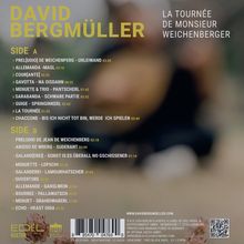 Texte: "DAVID BERGMÜLLER", "LA TOURNÉE DE MONSIEUR WEICHENBERGER", "SIDE A", "SIDE B", Titelliste mit Zeitangaben. Im Hintergrund verschwommenes Bild.