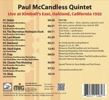 Paul McCandless Quintet - Live at Kimball’s East, Oakland, California 1992. Trackliste mit Zeiten und Musikeraufstellung.