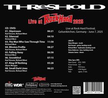 "Live at Rock Hard 2025" mit Rock Hard Logo, Trackliste von "Threshold", Line-Up, und DVD-Spezifikationen.