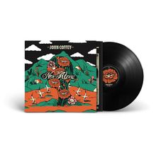 Text "John Coffey" und "Not Alone" auf einem Albumcover mit floraler Illustration und schwarzer Vinyl-Schallplatte.