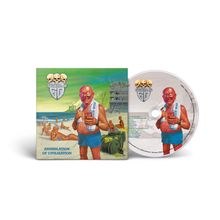 "ANNIHILATION OF CIVILIZATION" ist vorne. Skizze mit freudig wirkendem älteren Mann am Strand, im Hintergrund Ruinen.