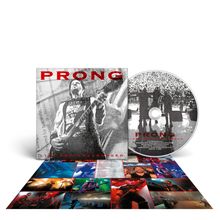 „PRONG“ und „LIVE AND UNCLEANSED“ auf einem Albumcover und einer CD mit Konzertbildern.