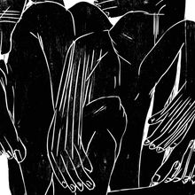 Eine schwarz-weiße Illustration. Mehrere überlappende Hände und Gliedmaßen in stilisierten Strichen.