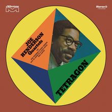 „Joe Henderson Quartets“, „Tetragon“. Buntes geometrisches Design mit einem Porträt von einem Mann mit Brille.