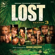 Text: "ORIGINAL TELEVISION SOUNDTRACK", "LOST SEASON 3", "Music Composed by MICHAEL GIACCHINO".  
Collage von Gesichtern vor grünem Hintergrund.