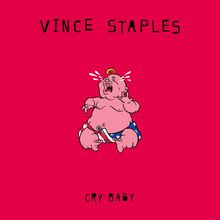 „VINCE STAPLES“ oben, „CRY BABY“ unten. Illustration zeigt ein weinendes Baby in USA-Flaggenwindeln mit gelockter Haarlocke.