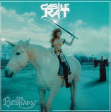 "CASTLE RAT" und "THE BESTIARY". Frau auf Einhorn hält ein Schwert, im Hintergrund eine Person mit Stab. Mystische Landschaft.