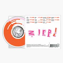 "ZIRP! DIIV" in rosa Buchstaben. Links CD mit orangenen Pfeilen, stilisiertes Gesicht, rosa Sterne. Rechter Teil zeigt Songnamen.