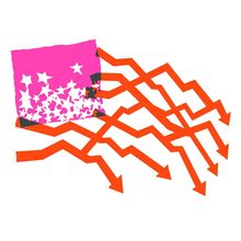 Rosa Quadrat mit weißen Sternen, aus denen sich rote, gezackte Pfeile nach rechts unten erstrecken.