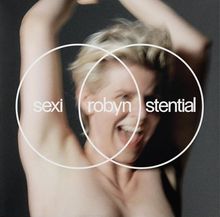Die Wörter "sexi", "robyn", "stential" in einem Venn-Diagramm. Hintergrund: unscharfe Person mit lachendem Gesicht und erhobenen Armen.