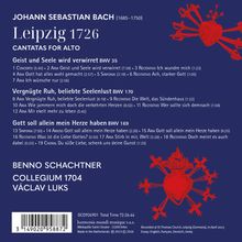Johann Sebastian Bach, Leipzig 1726, Kantaten für Alt. Enthält Titel der Werke und Mitwirkende, blaues Design mit rotem Herzmotiv.
