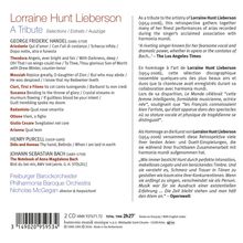 "Selections / Extraits / Auszüge. Lorraine Hunt Lieberson. A Tribute. George Frideric Handel, Henry Purcell, Johann Sebastian Bach."  
