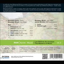 "IRAN Karimi - Musavi Les Maîtres de musique vol. 2". Titel, Künstler, Stücke und Zeiten sind aufgelistet. Hintergrund: Karte.