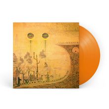 Keine Texte erkennbar. Eine Illustration zeigt eine fantasievolle Landschaft mit schwebenden Kugeln und einem orangen Vinyl.