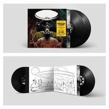 Text: "The Ark Anthony Joseph" auf einem gelben Sticker. Oben: Illustration von drei Personen, die ein UFO anbeten. Unten: Vinyl und Zeichnung.