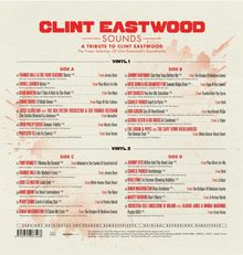 "CLINT EASTWOOD SOUNDS" in roter Schrift. Eine Liste von Vinyl-Tracks ist unterteilt in Side A-D, mit Titeln und Herkunftsfilmen.