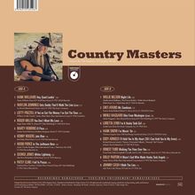 "Country Masters" oben, Seitenüberschrift "Classics By The Legends Of Country Music". Zwei Tracklisten für Side A und B. Links Foto eines Mannes mit Gitarre.