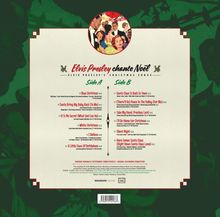 Elvis Presley chante Noël. Zwei Seiten mit Liedtiteln: "Blue Christmas", "Santa Claus Is Back In Town", etc. Vintage-Design oben.