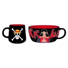 Links: Schädel mit gekreuzten Knochen und Strohhut. Rechts: Japanische Schriftzeichen und eine Figur mit offenen Armen.