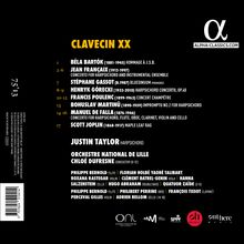 Text: "CLAVECIN XX", Komponisten wie Béla Bartók, Jean Françaix, Musiker wie Justin Taylor. Schwarz mit weißen Texten.