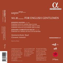 Das Cover zeigt in großer Schrift: "HAYDN 2032 — NO. 20 FOR ENGLISH GENTLEMEN". Unten sind Werke von Joseph Haydn und Johann Christian Bach aufgelistet, sowie das Kammerorchester Basel und Giovanni Antonini. Oben rechts befindet sich ein Logo mit der Website "ALPHA-CLASSICS.COM".