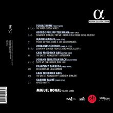 Musikstück-Liste mit Komponistennamen. Logo: "ALPHA-CLASSICS.COM". Unten: "Miguel Bonal, Viola da Gamba".