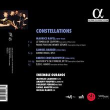 CONSTELLATIONS: Werke von Ravel, Barber, Chostakovitch. Ensemble Ouranos mit Instrumenten. Logo von Alpha Classics oben rechts.
