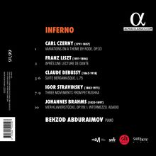 Text: INFERNO. Werke von Carl Czerny, Franz Liszt, Claude Debussy, Igor Stravinsky, Johannes Brahms. Behzod Abduraimov, Piano. 

Ein schlichtes schwarz-oranges Layout mit einem Logo oben rechts.