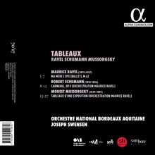 "TABLEAUX RAVEL SCHUMANN MUSSORGSKY" steht in großer lila Schrift. Unten sind Orchesternamen und Dirigent. Rechts oben ist ein Logo.