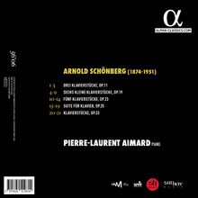 "Arnold Schönberg (1874-1951), drei Klavierstücke, Op.11; Pierre-Laurent Aimard Piano." Schwarzer Hintergrund, Alpha Classics Logo.